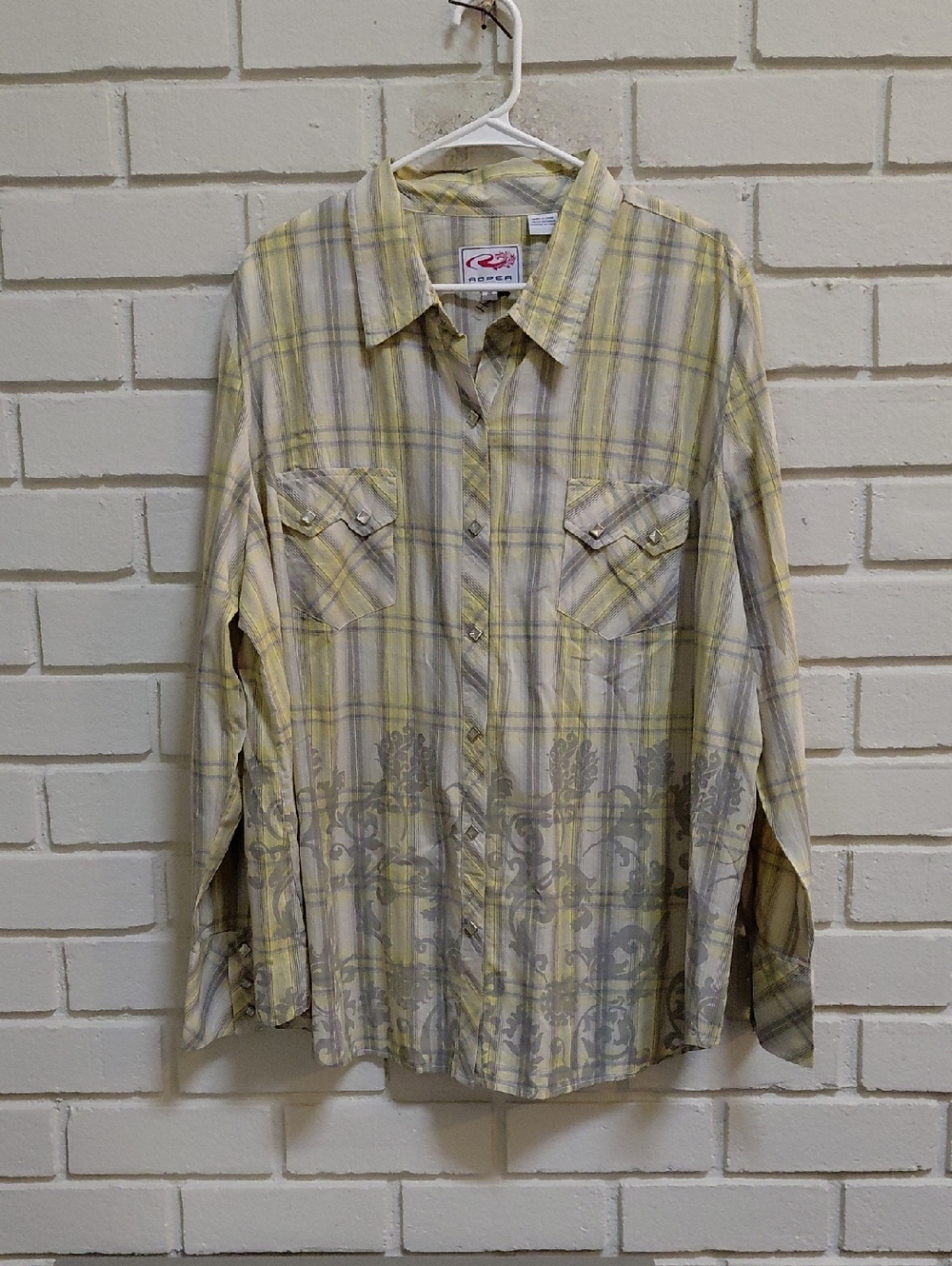 Roper Yellow and Gray Plaid Snap-Button Western Style Shirt. Size 2X NWOT